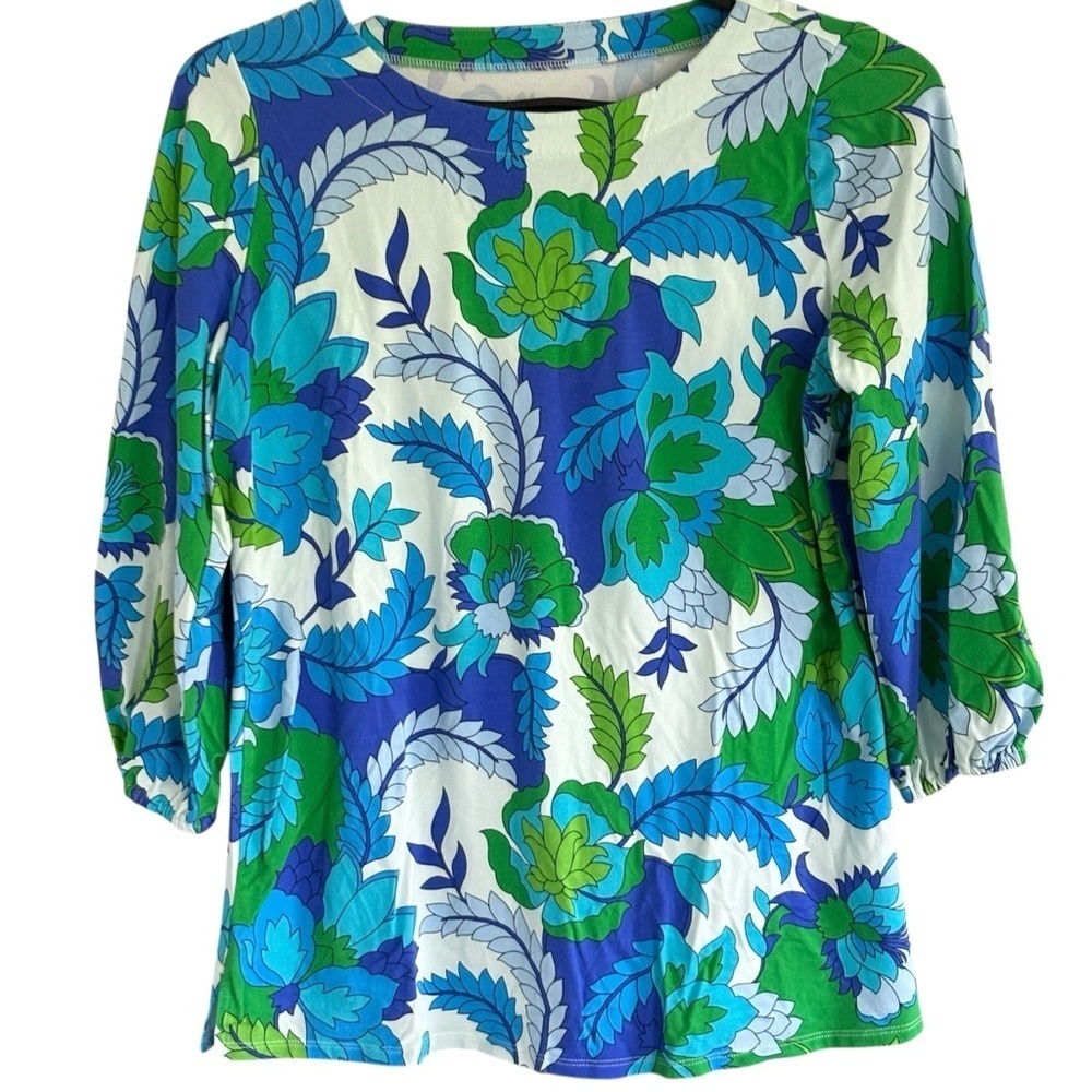 Belle by Susan Gravel Size XS Blue Green Floral 3/4 Sleeve Tripleluxe Knit Top